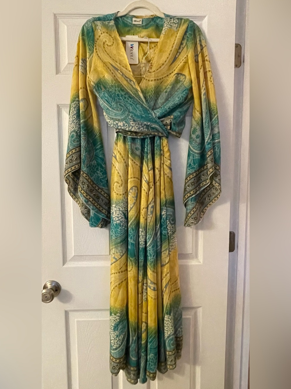 Wevez Boho Wrap Tie Top and Palazzo Pants Set in Yellow, Blue, and Teal NWT OS